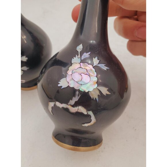 Vintage Black Enameled Bronze Vase with Pearl Decoration, Black Lacquer Painted - Picture 3 of 10